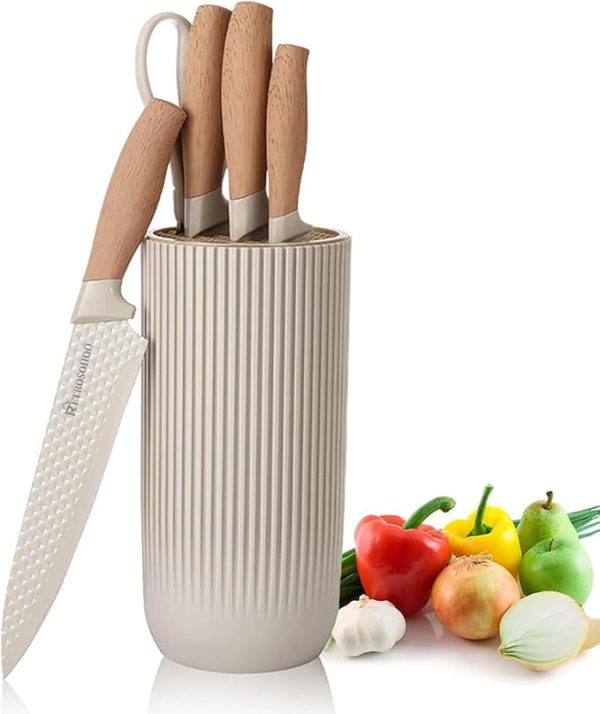 Kitchen Knife Set, Retrosohoo 6-Pieces Khaki Sharp Knife Set for Kitchen, Non-stick Non-slip Stainless Steel Chef Knife Set with Universal Knife Block Suitable for Home Restaurant (Khaki)