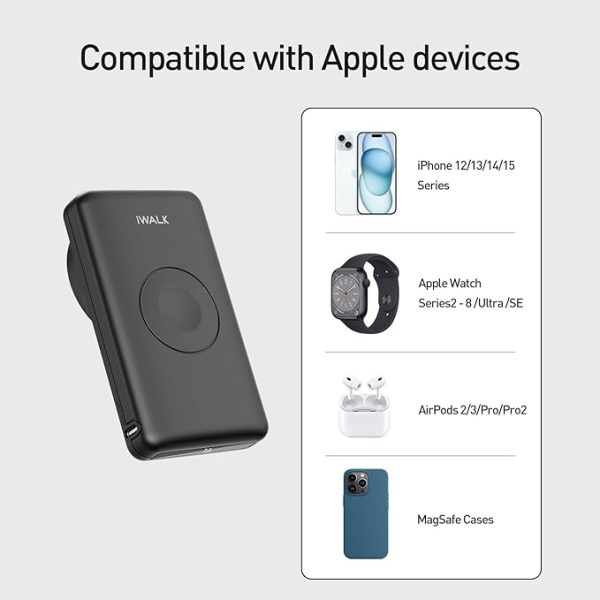 iWALK MAG-X Magnetic Wireless Power Bank with iWatch Charger,10000mAh PD Fast Charging Portable Charger Compact Battery Pack Compatible with iPhone16 /15/14/13/12 Series,Apple Watch Ultra/8/7/6/5/4 - Image 4