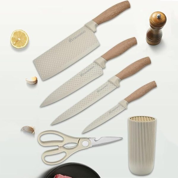 Kitchen Knife Set, Retrosohoo 6-Pieces Khaki Sharp Knife Set for Kitchen, Non-stick Non-slip Stainless Steel Chef Knife Set with Universal Knife Block Suitable for Home Restaurant (Khaki) - Image 2