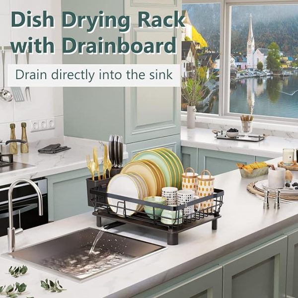 Iron Dish Drying Rack with Drainboard Dish Drainers for Kitchen Counter Sink Adjustable Spout Dish Strainers with Utensil Holder and Knife Slots, Black - Image 4
