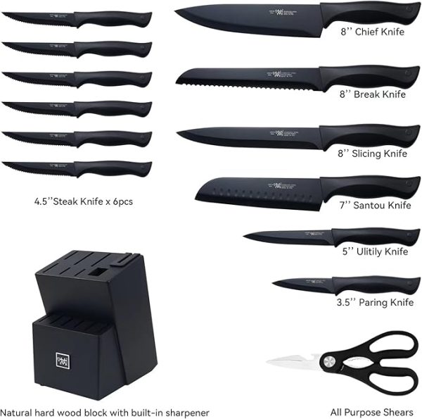 Knife Sets for Kitchen with Block, HUNTER.DUAL 15 Pcs Kitchen Knife Set with Block Self Sharpening, Dishwasher Safe, Anti-slip Handle, Black - Image 5
