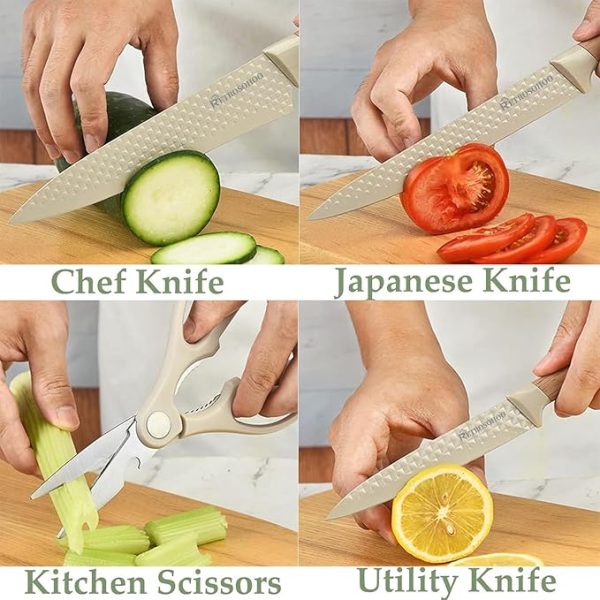 Kitchen Knife Set, Retrosohoo 6-Pieces Khaki Sharp Knife Set for Kitchen, Non-stick Non-slip Stainless Steel Chef Knife Set with Universal Knife Block Suitable for Home Restaurant (Khaki) - Image 4