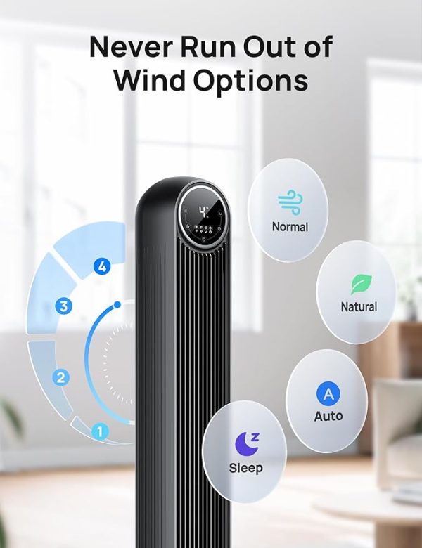 Dreo Tower Fan for Bedroom, 25ft/s Velocity Quiet Floor Fan, 90° Oscillating Fans for Indoors with 4 Speeds, 4 Modes, 8H Timer, Standing Fans, Bladeless Fan, Black, Nomad One (DR-HTF007) - Image 3