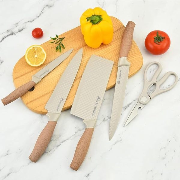 Kitchen Knife Set, Retrosohoo 6-Pieces Khaki Sharp Knife Set for Kitchen, Non-stick Non-slip Stainless Steel Chef Knife Set with Universal Knife Block Suitable for Home Restaurant (Khaki) - Image 6