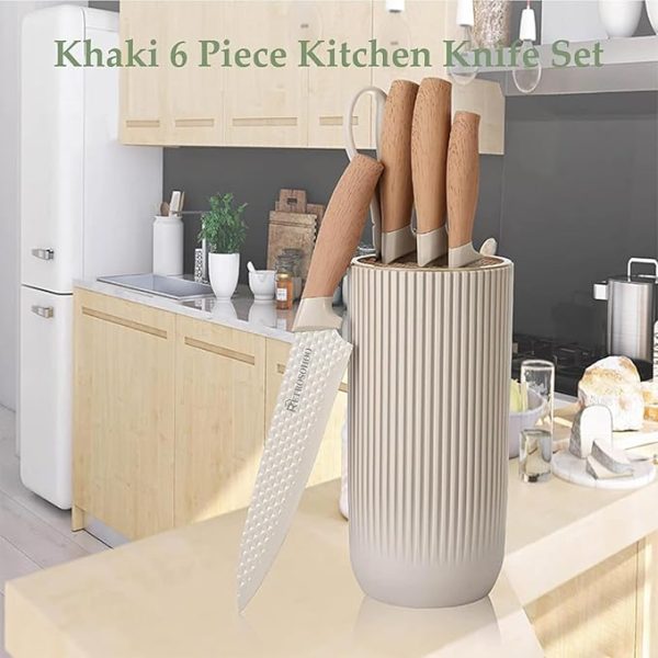 Kitchen Knife Set, Retrosohoo 6-Pieces Khaki Sharp Knife Set for Kitchen, Non-stick Non-slip Stainless Steel Chef Knife Set with Universal Knife Block Suitable for Home Restaurant (Khaki) - Image 3