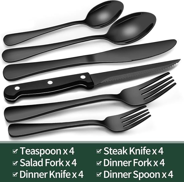 24-Piece Black Silverware Set with Steak Knives, Black Flatware Set for 4, Food-Grade Stainless Steel Tableware Cutlery Set, Mirror Finished Utensil Sets for Home Restaurant - Image 4