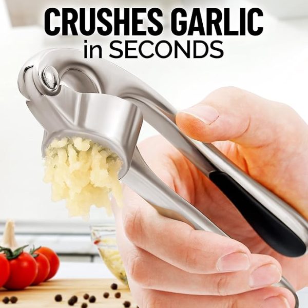 Zulay Kitchen Premium Garlic Press Set - Rust Proof & Dishwasher Safe Professional Garlic Mincer Tool - Easy-Squeeze, Easy-Clean with Soft, Ergonomic Handle - Silicone Garlic Peeler & Brush (Silver) - Image 3