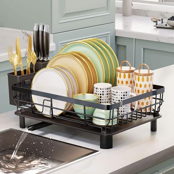 Iron Dish Drying Rack with Drainboard Dish Drainers for Kitchen Counter Sink Adjustable Spout Dish Strainers with Utensil Holder and Knife Slots, Black