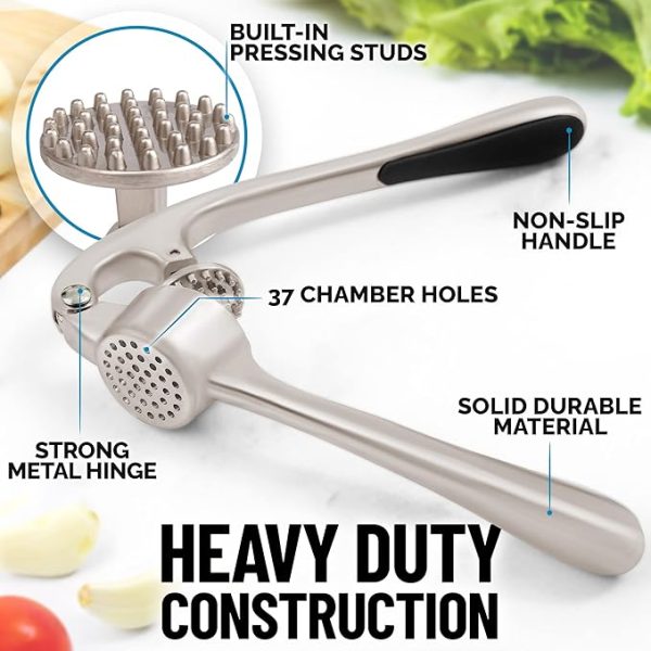 Zulay Kitchen Premium Garlic Press Set - Rust Proof & Dishwasher Safe Professional Garlic Mincer Tool - Easy-Squeeze, Easy-Clean with Soft, Ergonomic Handle - Silicone Garlic Peeler & Brush (Silver) - Image 5