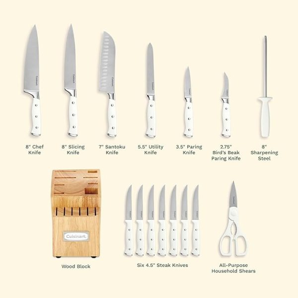 Cuisinart 15-Piece Knife Set with Block, High Carbon Stainless Steel, Forged Triple Rivet, White, C77WTR-15P - Image 3