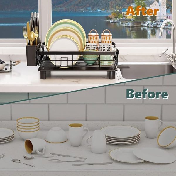 Iron Dish Drying Rack with Drainboard Dish Drainers for Kitchen Counter Sink Adjustable Spout Dish Strainers with Utensil Holder and Knife Slots, Black - Image 2