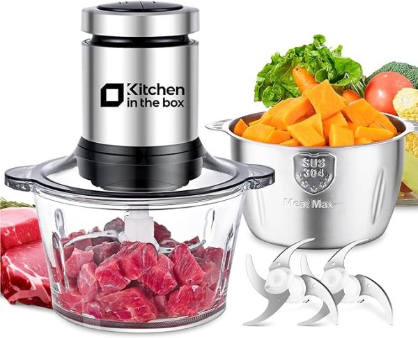 Kitchen in the box Food Processors,Small Meat Grinder & Food Chopper Electric Vegetable Chopper with 2 Bowls (8 Cup+8 Cup)& 2 Bi-Level Blades for Meat/fish/Vegetable/Baby Food (Black, 8cups+8cups)