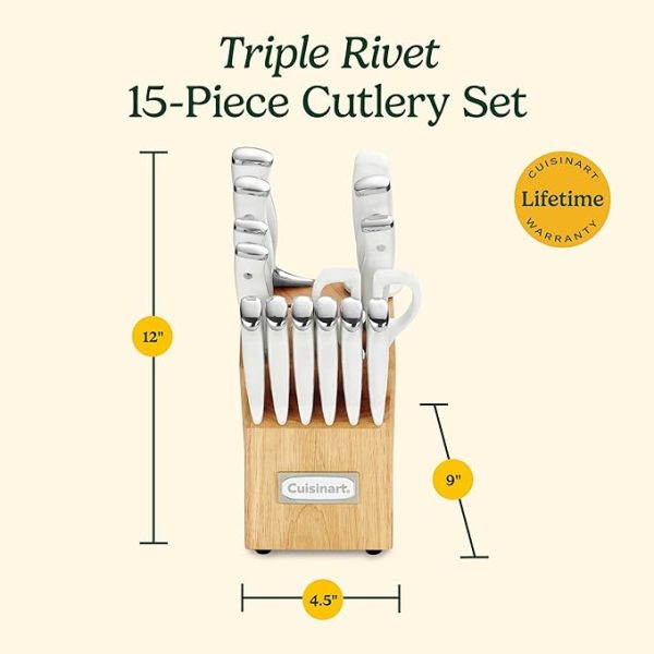 Cuisinart 15-Piece Knife Set with Block, High Carbon Stainless Steel, Forged Triple Rivet, White, C77WTR-15P - Image 2