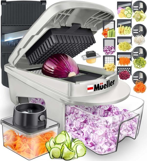 Mueller Pro-Series All-in-One, 12 Blade Mandoline Slicer for Kitchen, Food Chopper, Vegetable Slicer and Spiralizer, Cutter, Dicer, Grater, Kitchen Gadgets Sets with Container, White Sand/Dark Grey - Image 5