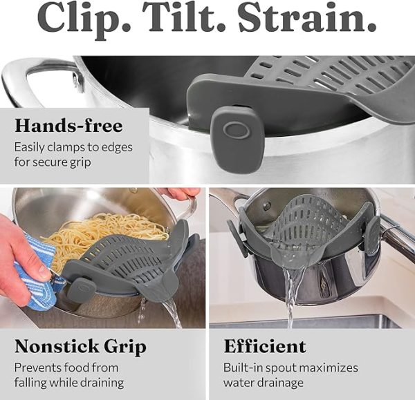 Kitchen Gizmo Snap N' Strain - Silicone Clip-On Colander, Heat Resistant Drainer for Vegetables and Pasta Noodles, Kitchen Gadgets for Bowl, Pots, and Pans - Essential Home Cooking Tools - Grey - Image 3