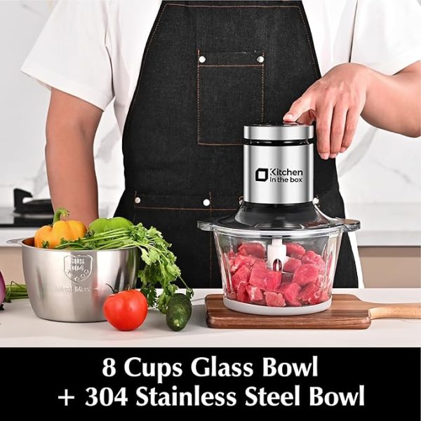 Kitchen in the box Food Processors,Small Meat Grinder & Food Chopper Electric Vegetable Chopper with 2 Bowls (8 Cup+8 Cup)& 2 Bi-Level Blades for Meat/fish/Vegetable/Baby Food (Black, 8cups+8cups) - Image 4