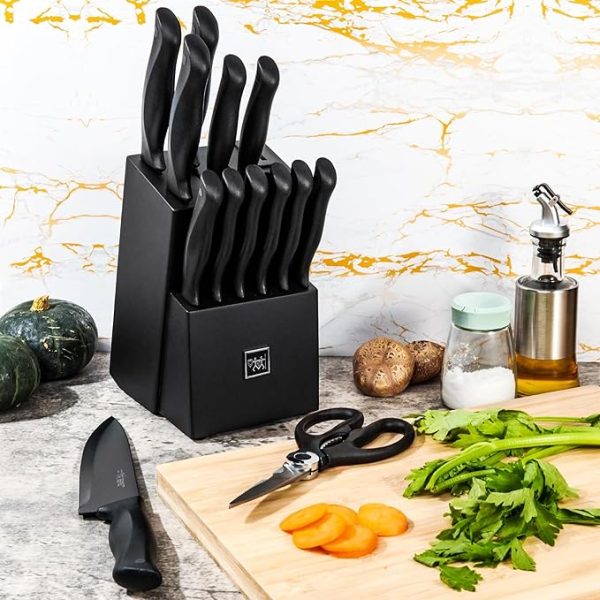 Knife Sets for Kitchen with Block, HUNTER.DUAL 15 Pcs Kitchen Knife Set with Block Self Sharpening, Dishwasher Safe, Anti-slip Handle, Black - Image 3