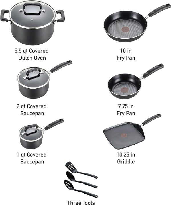 T-fal Signature Nonstick Cookware Set <br> 12 Piece, Oven Broiler Safe 350F, Pots and Pans, Kitchen Cooking Set w/ Fry Pans, Saucepans, Saute <br> Pan, Dutch Oven, Griddle, Kitchen, Home, Dishwasher Safe, Black - Image 4