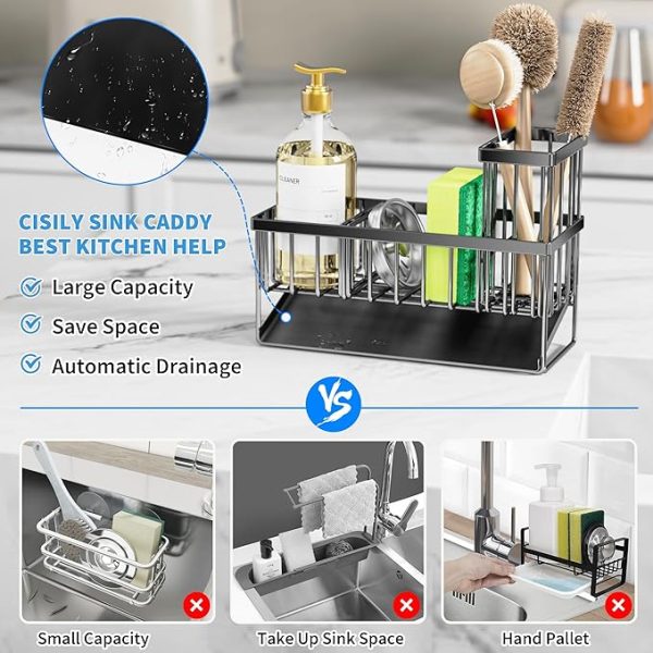 Cisily Kitchen Sink Caddy, Sponge Holder for Kitchen Sink, Kitchen Sink Organzier and Storage with High Brush Holder, Rustproof 304 Stainless Kitchen Gadgets Sink Accessories, Organizadores de Cocina - Image 5