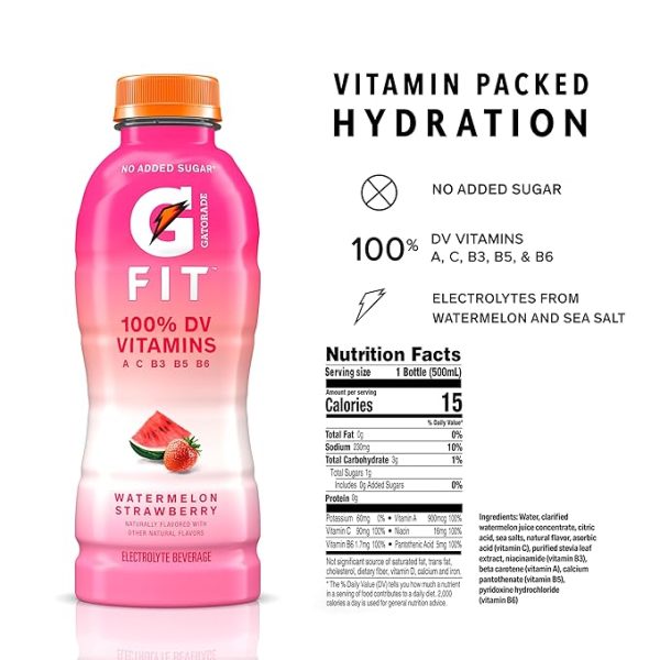 Gatorade Fit Electrolyte Beverage, Healthy Real Hydration, Watermelon Strawberry, 16.9.oz Bottles (12 Pack) - Image 5