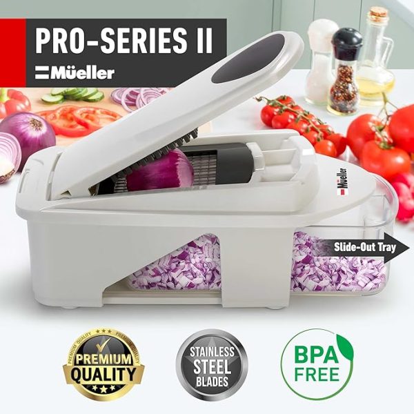 Mueller Pro-Series All-in-One, 12 Blade Mandoline Slicer for Kitchen, Food Chopper, Vegetable Slicer and Spiralizer, Cutter, Dicer, Grater, Kitchen Gadgets Sets with Container, White Sand/Dark Grey - Image 4
