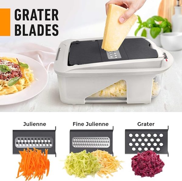 Mueller Pro-Series All-in-One, 12 Blade Mandoline Slicer for Kitchen, Food Chopper, Vegetable Slicer and Spiralizer, Cutter, Dicer, Grater, Kitchen Gadgets Sets with Container, White Sand/Dark Grey - Image 2