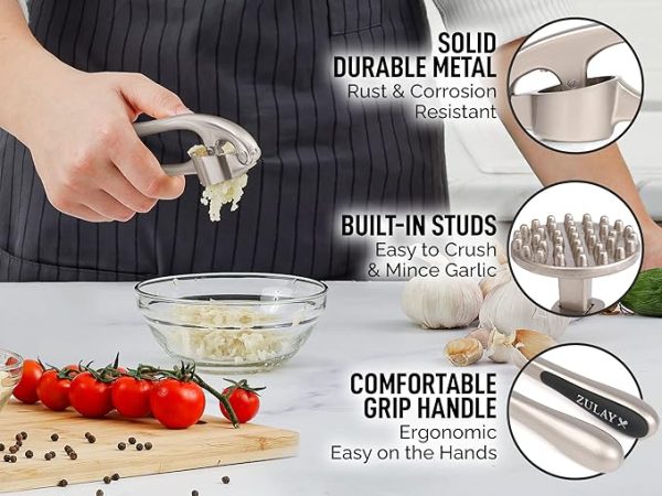Zulay Kitchen Premium Garlic Press Set - Rust Proof & Dishwasher Safe Professional Garlic Mincer Tool - Easy-Squeeze, Easy-Clean with Soft, Ergonomic Handle - Silicone Garlic Peeler & Brush (Silver) - Image 2