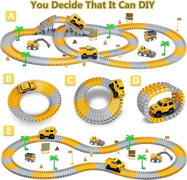 Kids Toys 253 PCS Construction Race Tracks Toy for 3 4 5 6 7 8 Year Old Boys Girls, 5 PCS Construction Truck Car and Flexible Track Play Set Create A Engineering Road Games Toddler Toys Birthday Gifts - Image 3